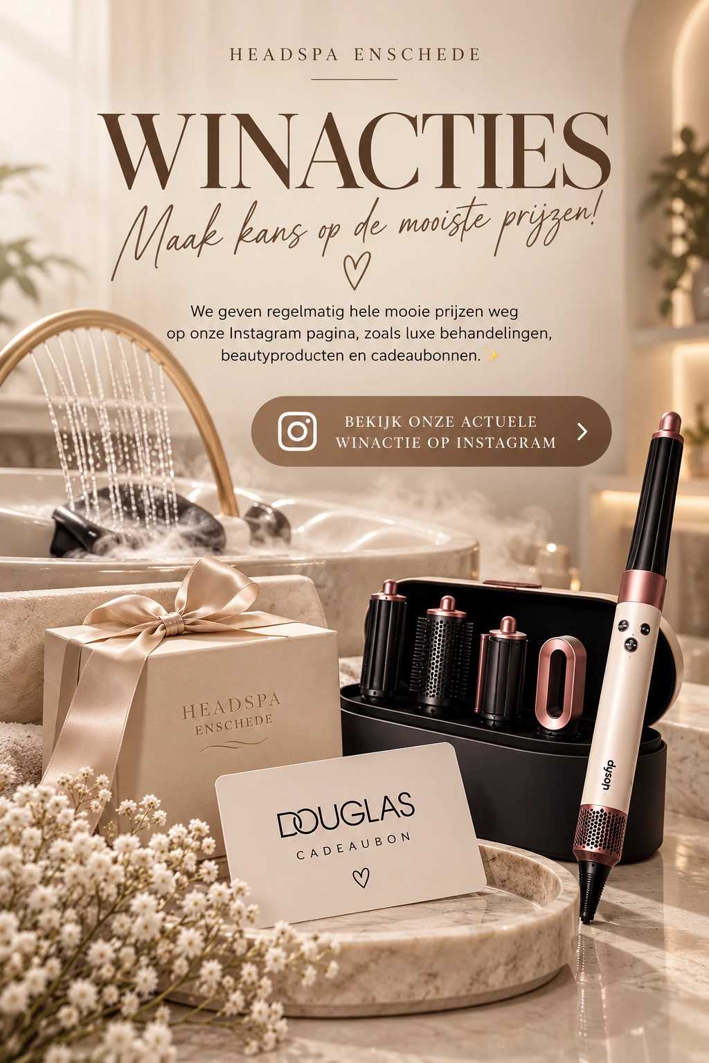 Winacties van Headspa Enschede: maak kans op de mooiste prijzen, zoals luxe behandelingen, beautyproducten en cadeaubonnen. Bekijk onze actuele winactie op Instagram.